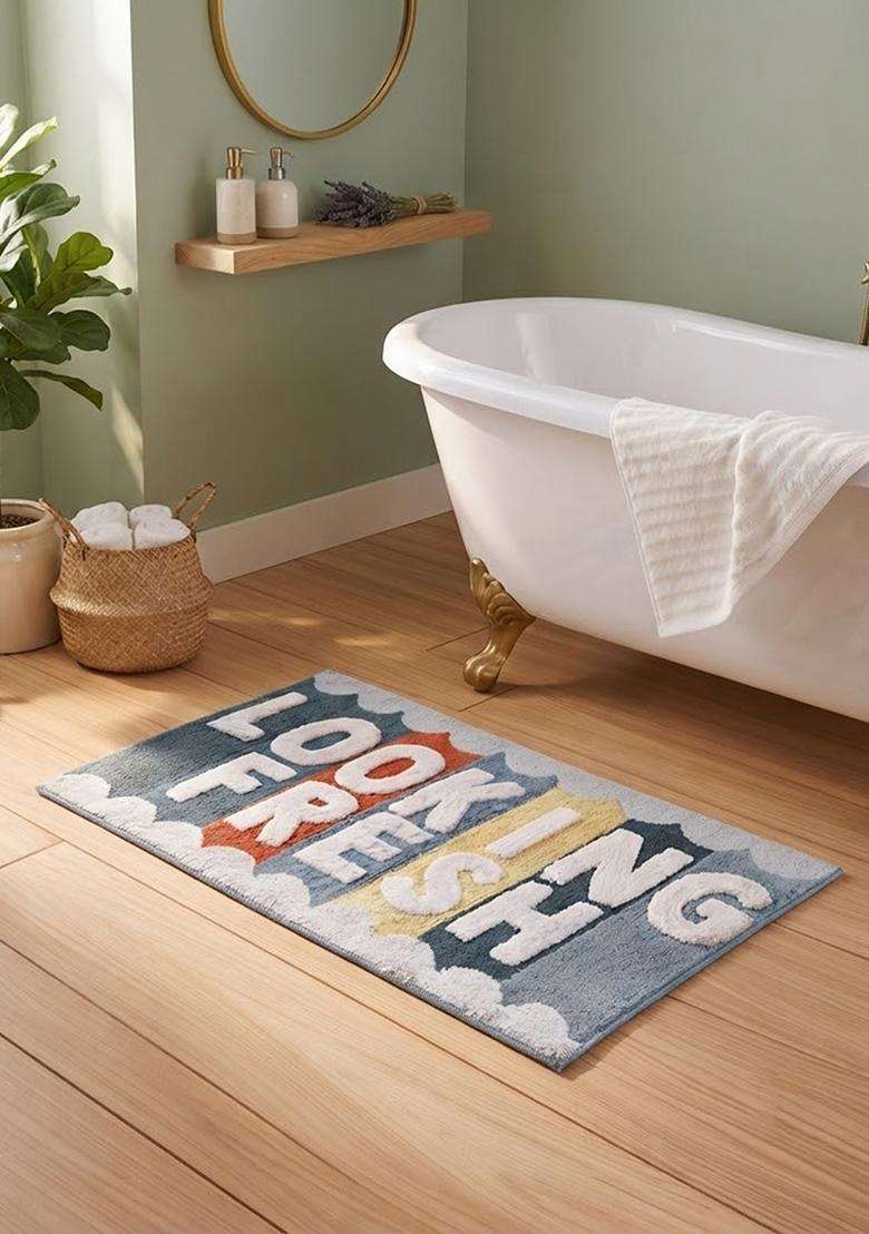 Saffron Rugs Hand Tufted Cotton Bath Mat | Blue Grey Multi Rectangular | Anti Slip Backing | Retro Typography BATHMATS Bathroom Rug - Indya