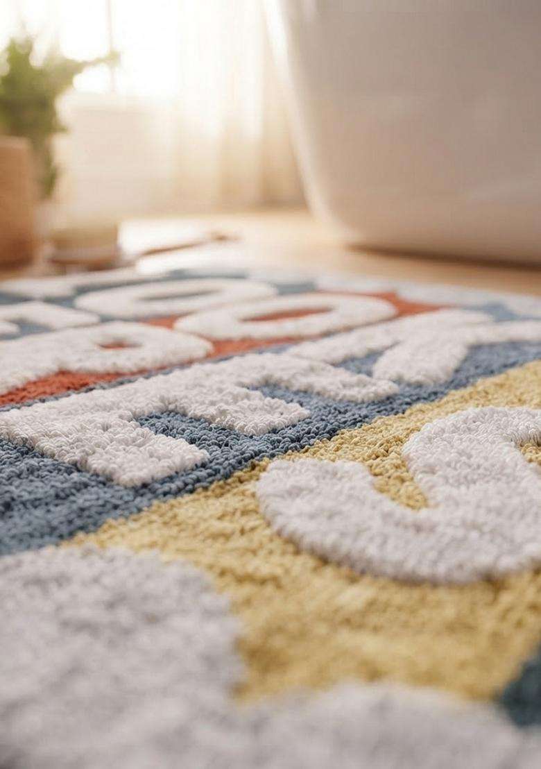Saffron Rugs Hand Tufted Cotton Bath Mat | Blue Grey Multi Rectangular | Anti Slip Backing | Retro Typography BATHMATS Bathroom Rug - Indya