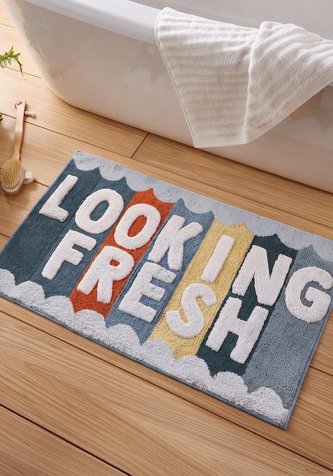 Saffron Rugs Hand Tufted Cotton Bath Mat | Blue Grey Multi Rectangular | Anti Slip Backing | Retro Typography BATHMATS Bathroom Rug