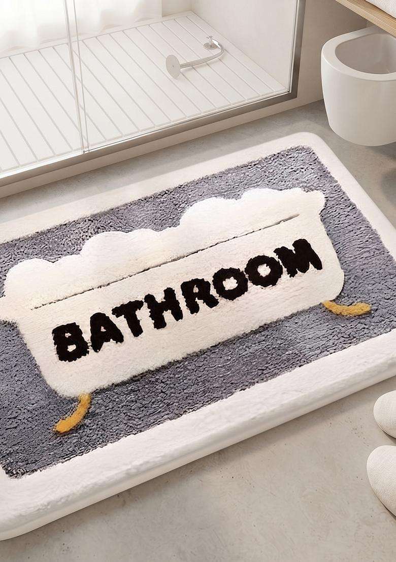 Saffron Rugs Hand Tufted Cotton Bath Mat | Grey and White Rectangular | Anti Slip Backing | Casual Typography BATHMATS Bathroom Rug - Indya