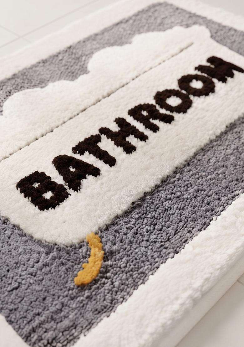 Saffron Rugs Hand Tufted Cotton Bath Mat | Grey and White Rectangular | Anti Slip Backing | Casual Typography BATHMATS Bathroom Rug - Indya