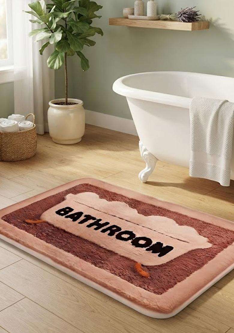 Saffron Rugs Hand Tufted Cotton Bath Mat | Dusty Rose Pink Rectangular | Anti Slip Backing | Casual Typography BATHMATS Bathroom Rug - Indya