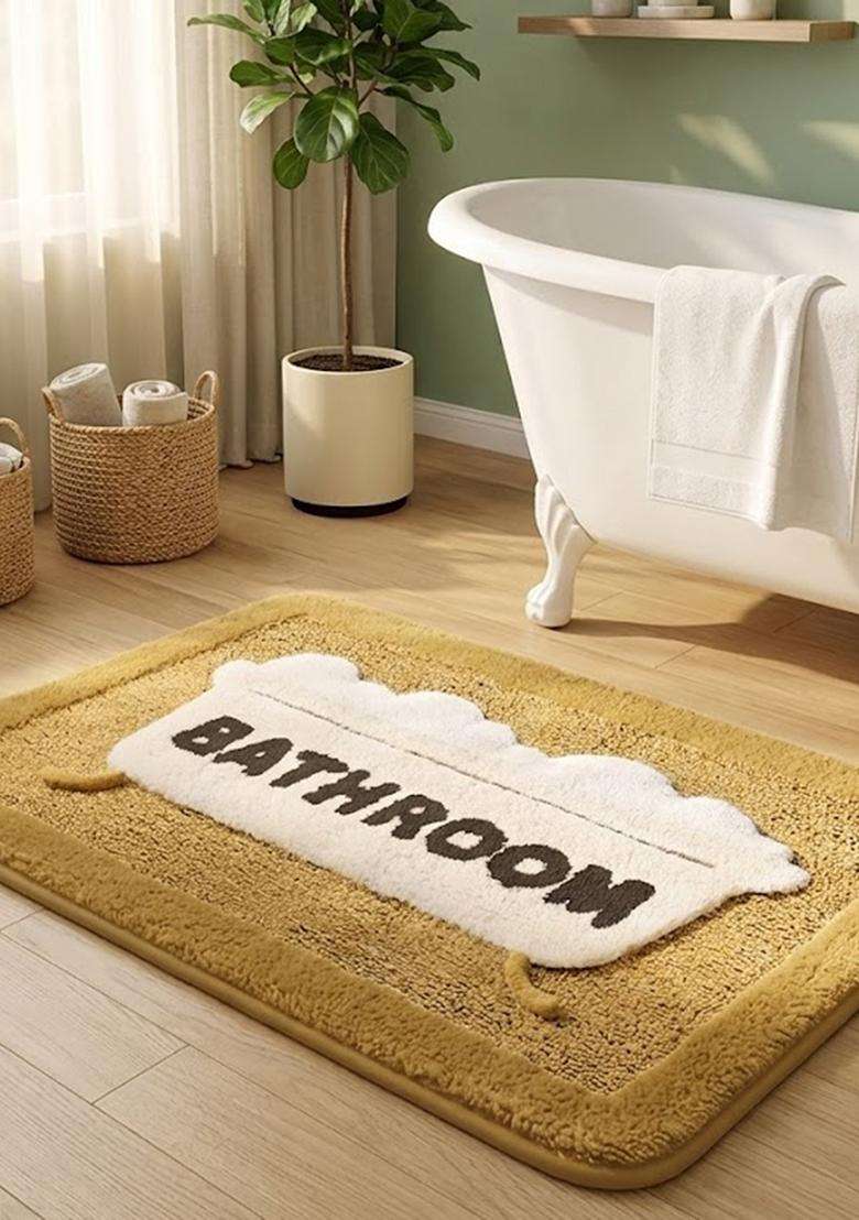 Saffron Rugs Hand Tufted Cotton Bath Mat | Mustard Yellow Rectangular | Anti Slip Backing | Casual Typography BATHMATS Bathroom Rug - Indya