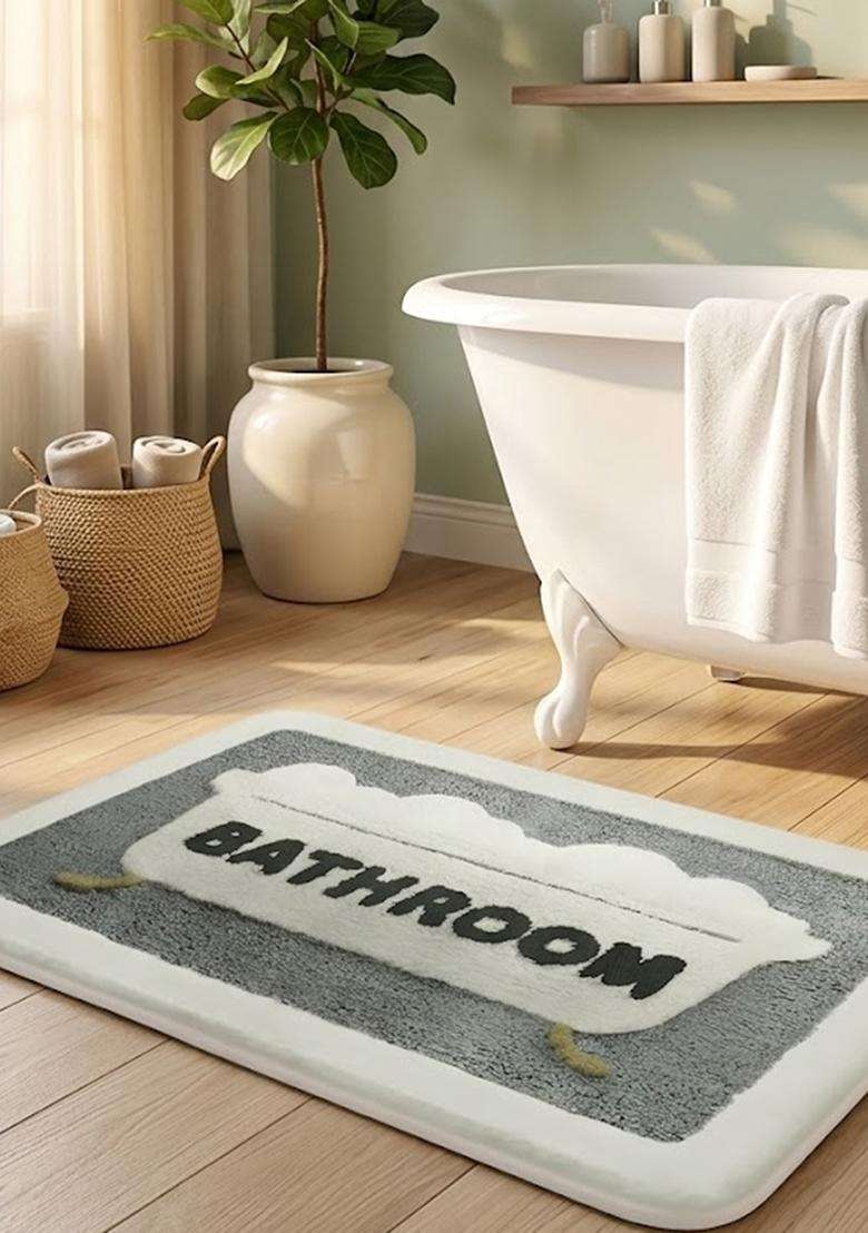 Saffron Rugs Hand Tufted Cotton Bath Mat | Grey Rectangular | Anti Slip Backing | Casual Typography BATHMATS Bathroom Rug - Indya