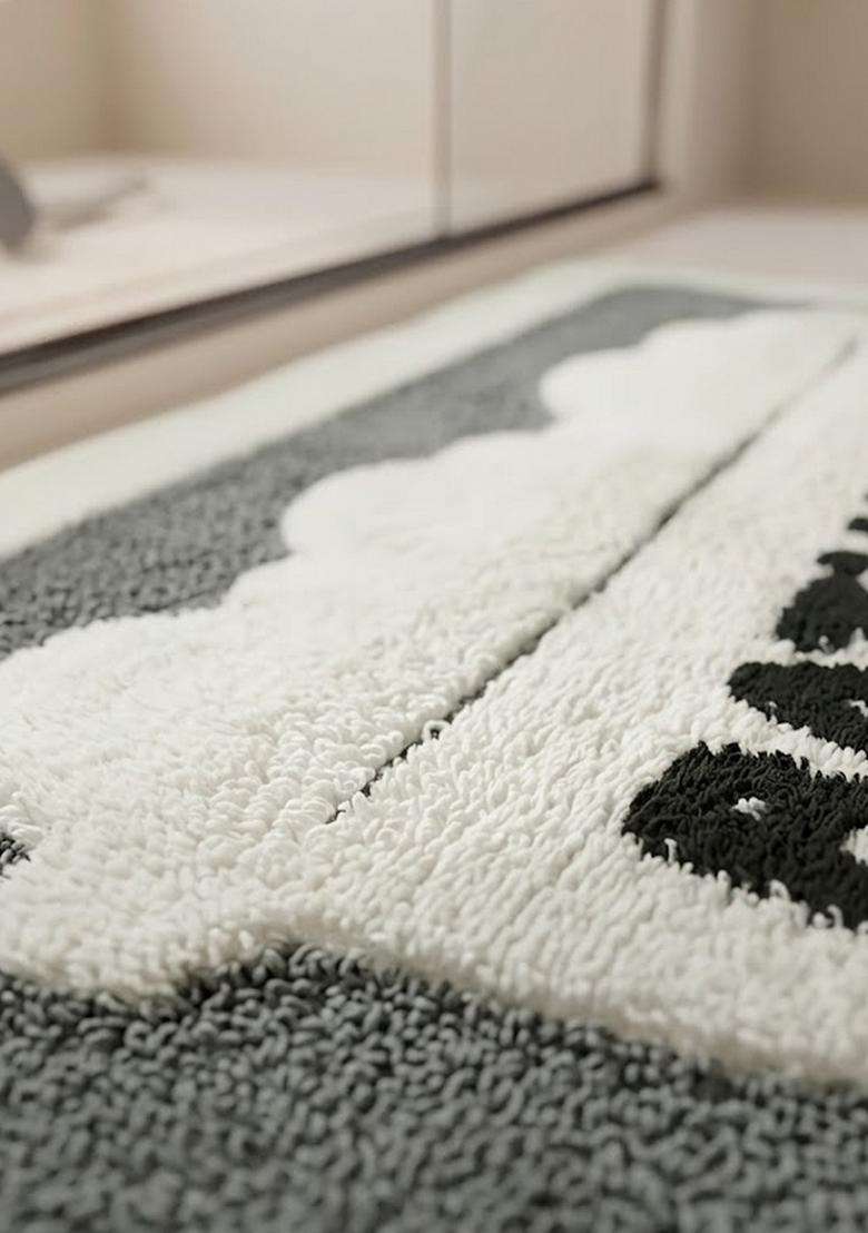 Saffron Rugs Hand Tufted Cotton Bath Mat | Grey Rectangular | Anti Slip Backing | Casual Typography BATHMATS Bathroom Rug - Indya