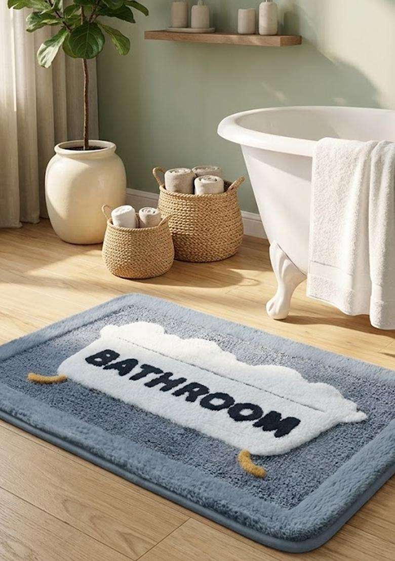 Saffron Rugs Hand Tufted Cotton Bath Mat | Steel Blue Rectangular | Anti Slip Backing | Casual Typography BATHMATS Bathroom Rug - Indya