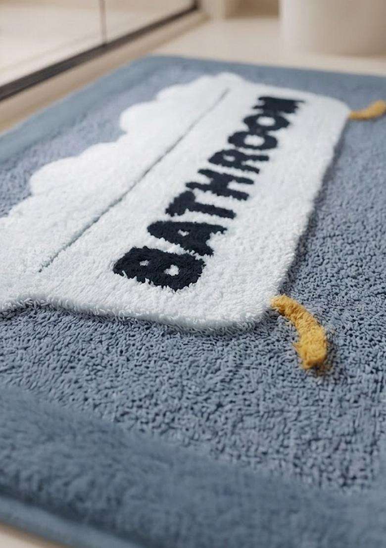 Saffron Rugs Hand Tufted Cotton Bath Mat | Steel Blue Rectangular | Anti Slip Backing | Casual Typography BATHMATS Bathroom Rug - Indya