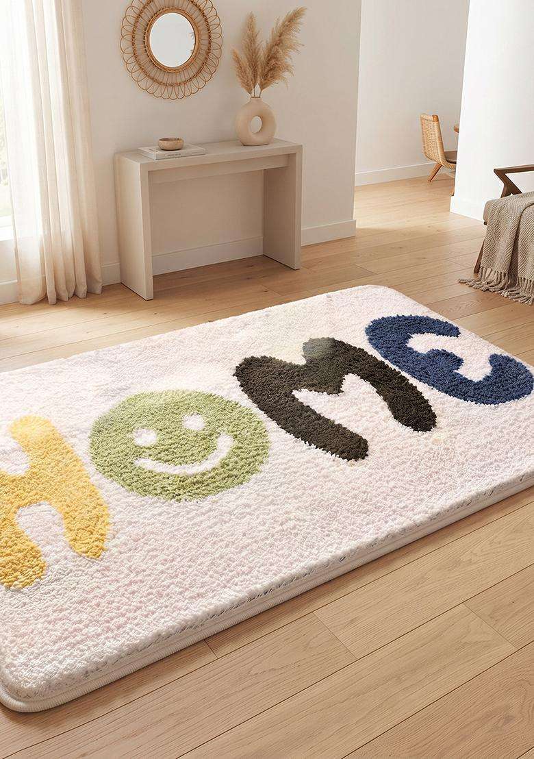Saffron Rugs Hand Tufted Cotton Bath Mat | White Multicolor Rectangular | Anti Slip Backing | Casual Typography BATHMATS Bathroom Rug - Indya