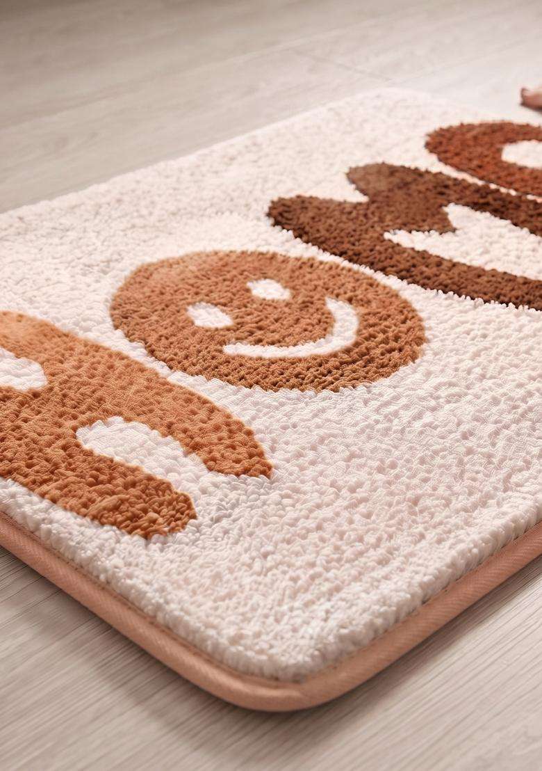 Saffron Rugs Hand Tufted Cotton Bath Mat | Cream Beige Rectangular | Anti Slip Backing | Casual Typography BATHMATS Bathroom Rug - Indya