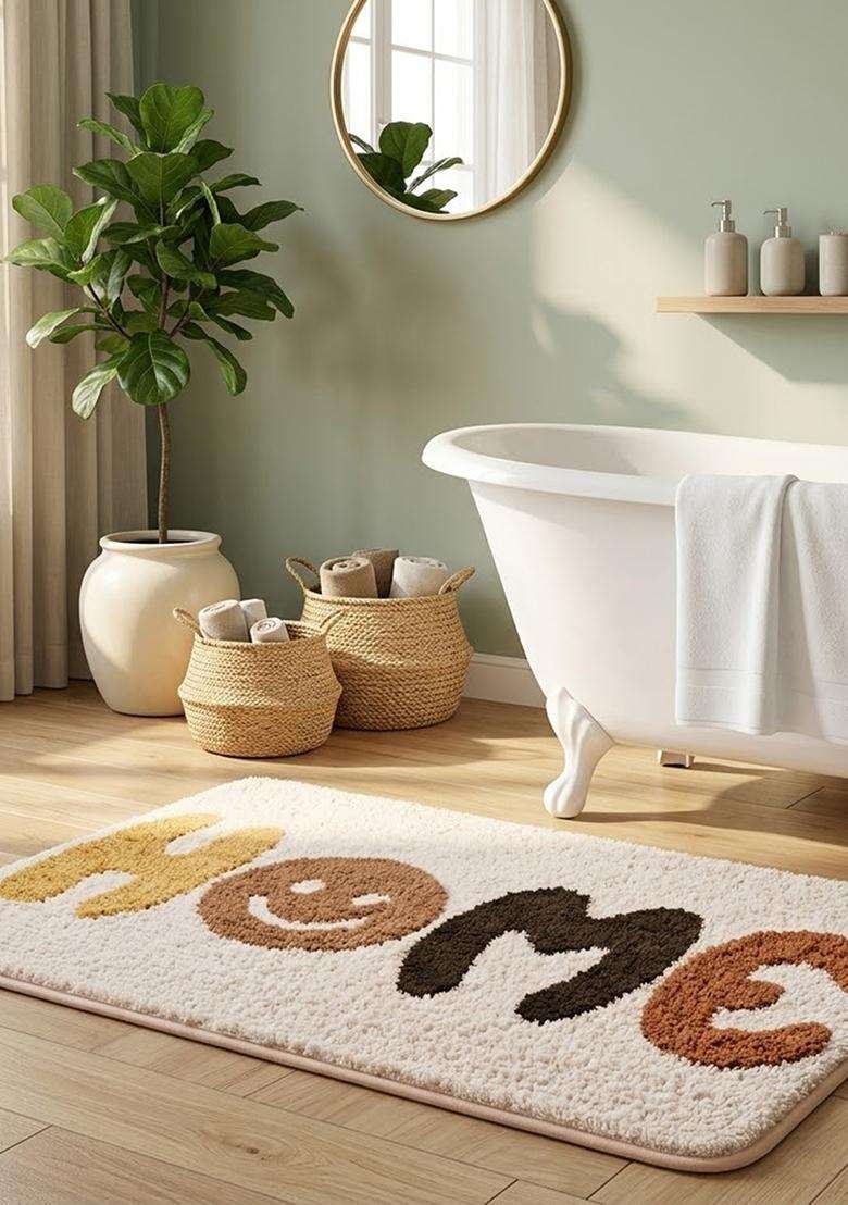 Saffron Rugs Hand Tufted Cotton Bath Mat | Cream White Rectangular | Anti Slip Backing | Casual Typography BATHMATS Bathroom Rug - Indya