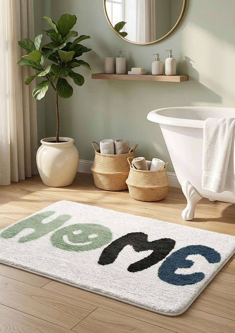 Saffron Rugs Hand Tufted Cotton Bath Mat | White Rectangular | Anti Slip Backing | Casual Typography BATHMATS Bathroom Rug - Indya