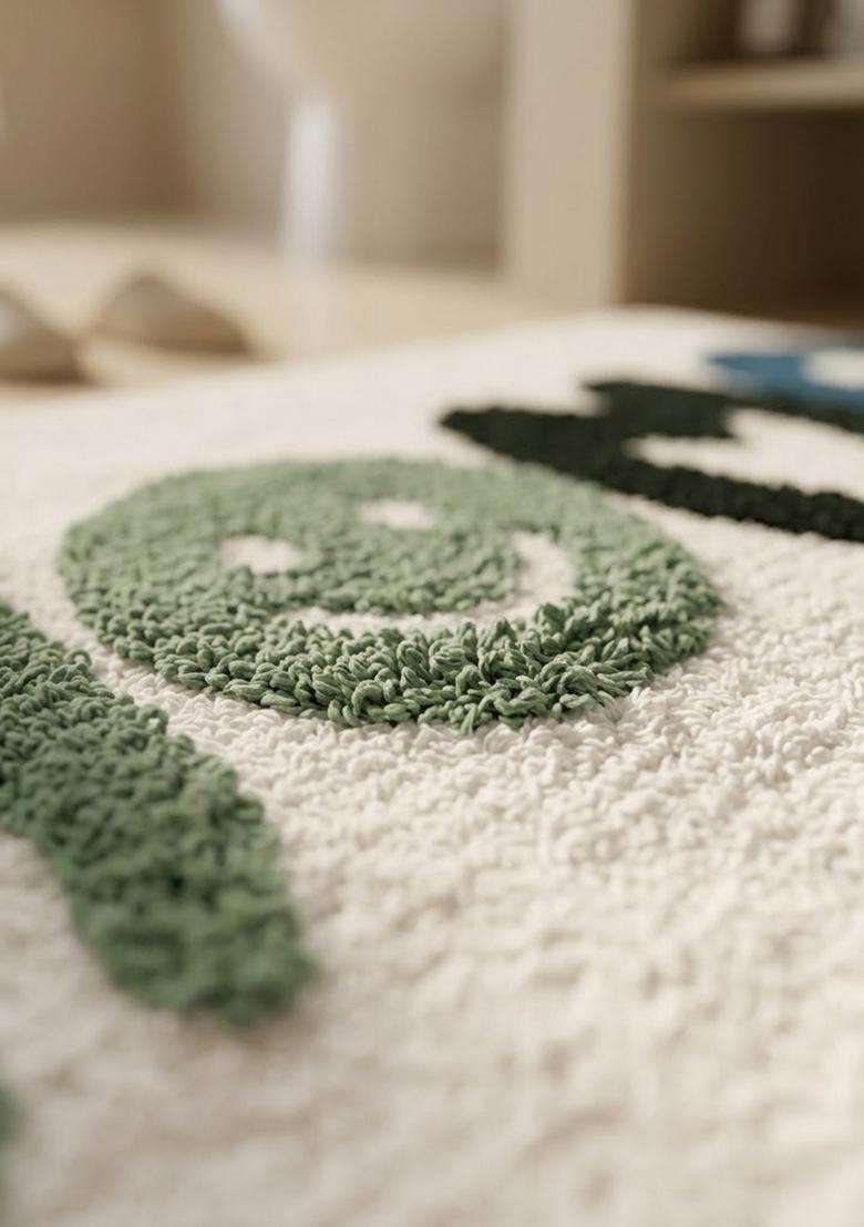 Saffron Rugs Hand Tufted Cotton Bath Mat | White Rectangular | Anti Slip Backing | Casual Typography BATHMATS Bathroom Rug - Indya