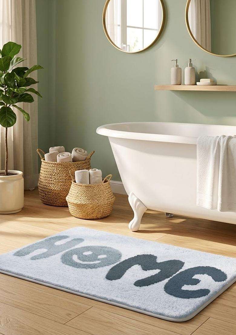 Saffron Rugs Hand Tufted Cotton Bath Mat | Light Blue Grey Rectangular | Anti Slip Backing | Casual Typography BATHMATS Bathroom Rug - Indya