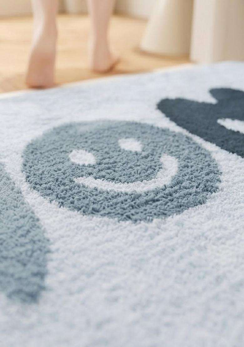 Saffron Rugs Hand Tufted Cotton Bath Mat | Light Blue Grey Rectangular | Anti Slip Backing | Casual Typography BATHMATS Bathroom Rug - Indya