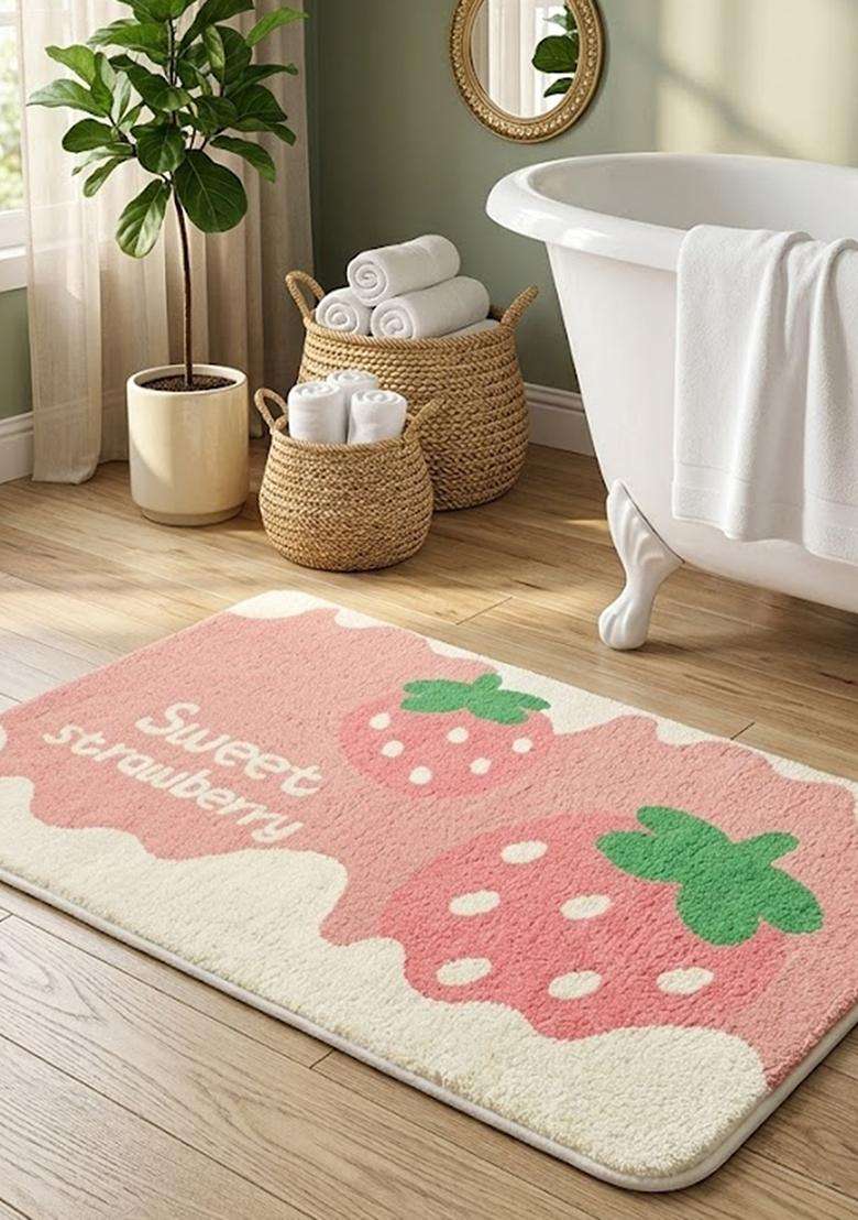 Saffron Rugs Hand Tufted Cotton Bath Mat | Pink Rectangular | Anti Slip Backing | Casual Typography BATHMATS Bathroom Rug - Indya
