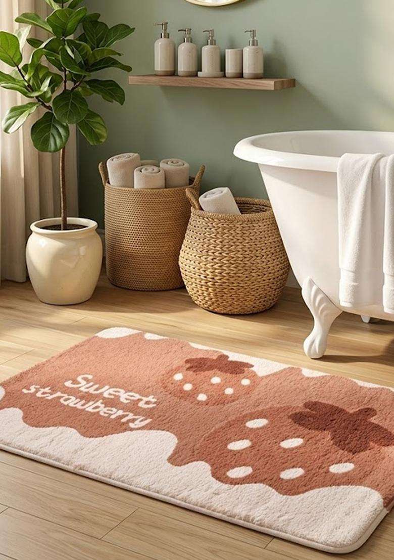 Saffron Rugs Hand Tufted Cotton Bath Mat | Terracotta Pink Rectangular | Anti Slip Backing | Casual Typography BATHMATS Bathroom Rug - Indya