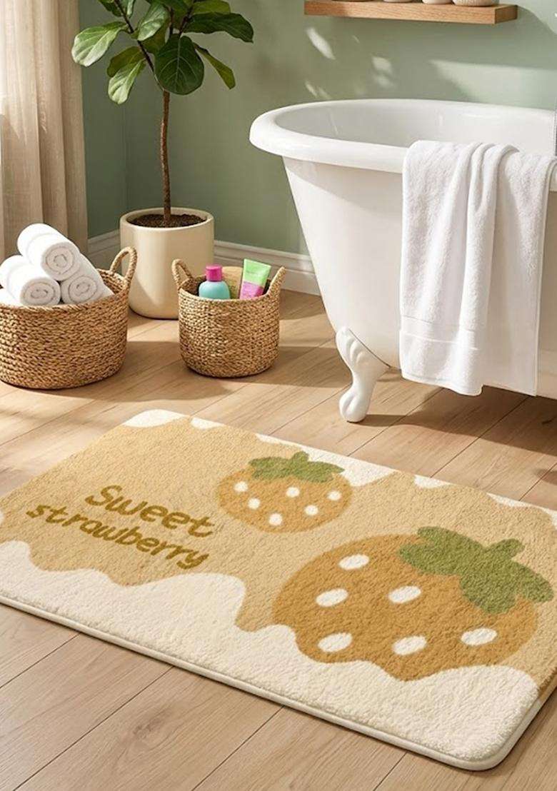Saffron Rugs Hand Tufted Cotton Bath Mat | Beige Rectangular | Anti Slip Backing | Casual Typography BATHMATS Bathroom Rug - Indya