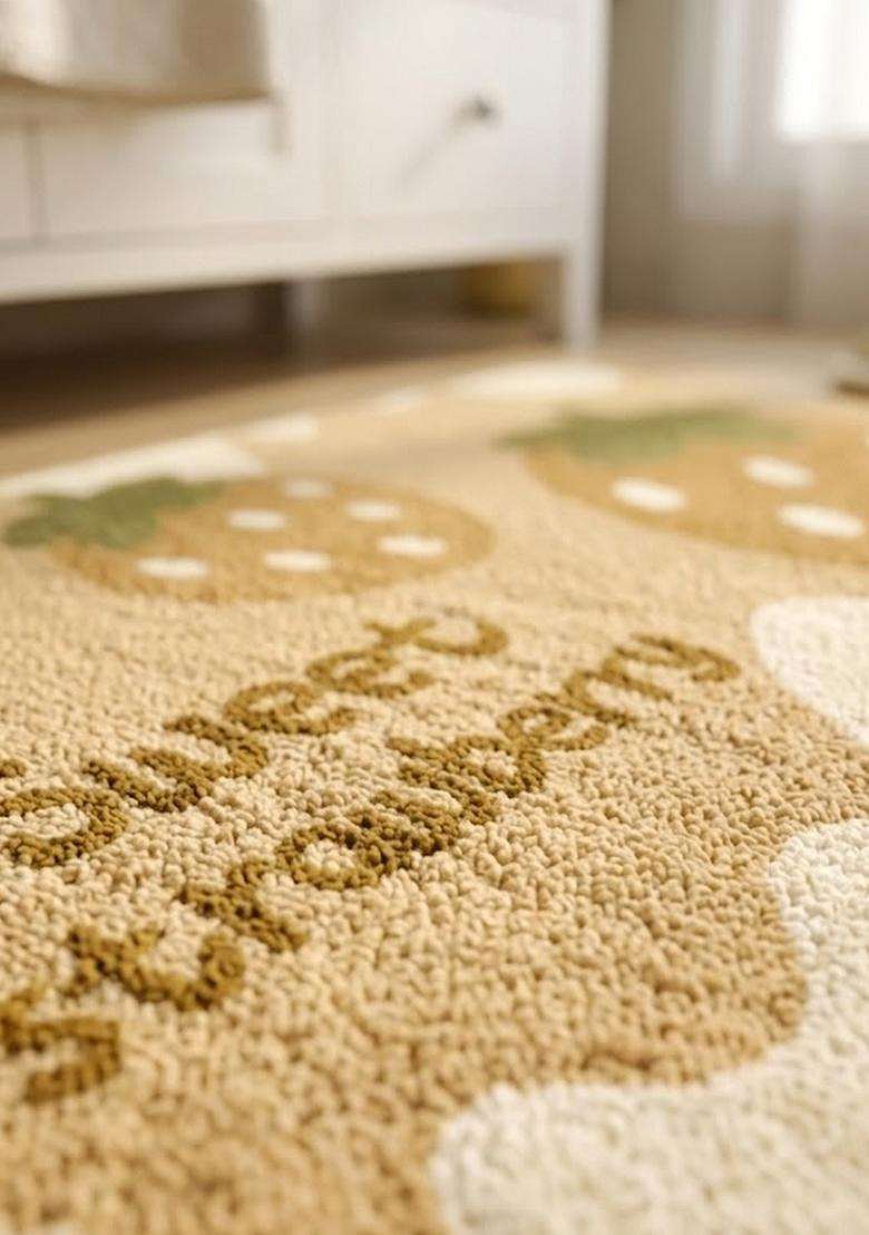 Saffron Rugs Hand Tufted Cotton Bath Mat | Beige Rectangular | Anti Slip Backing | Casual Typography BATHMATS Bathroom Rug - Indya