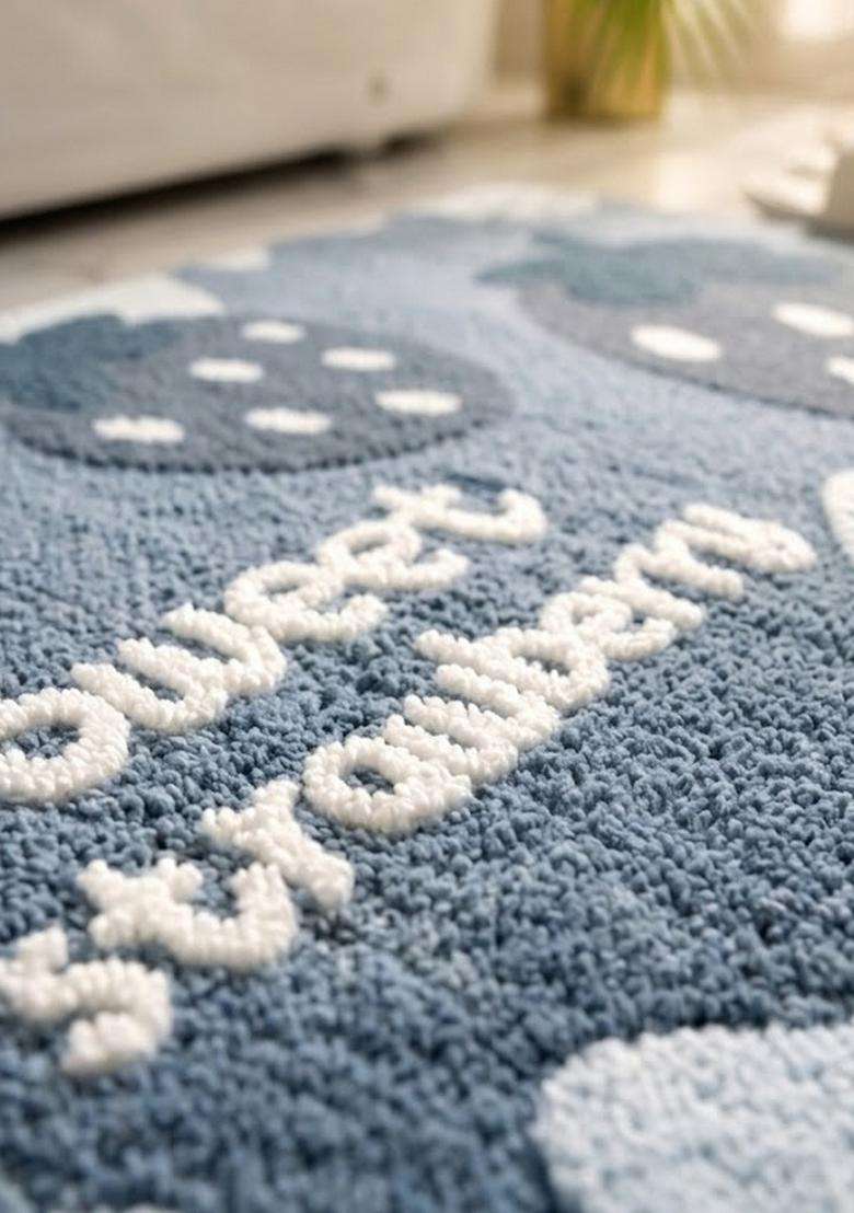 Saffron Rugs Hand Tufted Cotton Bath Mat | Steel Blue Grey Rectangular | Anti Slip Backing | Casual Typography BATHMATS Bathroom Rug - Indya