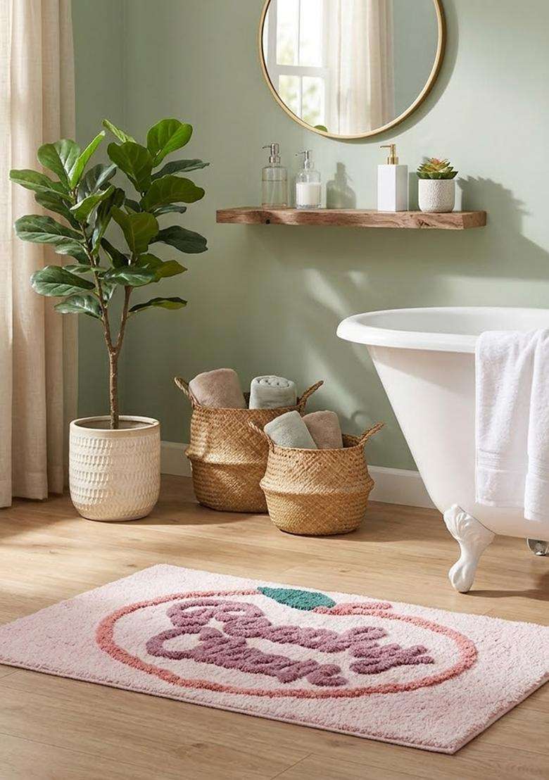 Saffron Rugs Hand Tufted Cotton Bath Mat | Light Pink Rectangular | Anti Slip Backing | Casual Typography BATHMATS Bathroom Rug - Indya