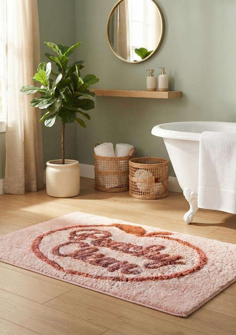 Saffron Rugs Hand Tufted Cotton Bath Mat | Light Blush Pink Rectangular | Anti Slip Backing | Casual Typography BATHMATS Bathroom Rug - Indya