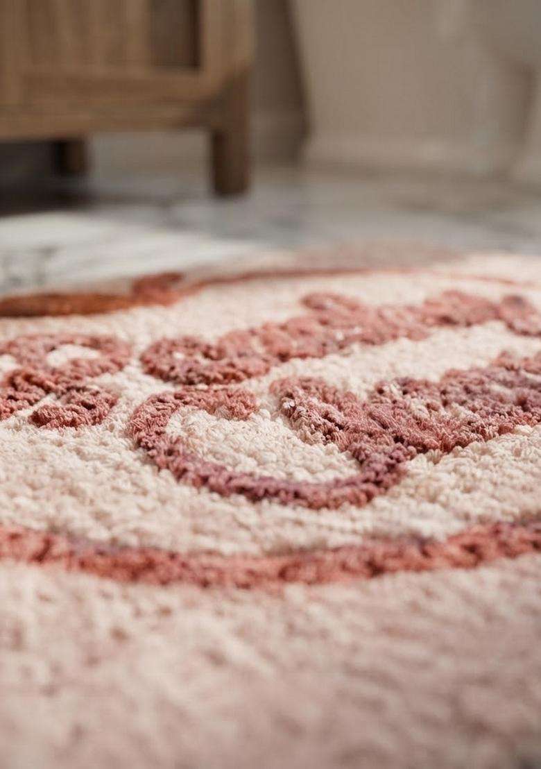 Saffron Rugs Hand Tufted Cotton Bath Mat | Light Blush Pink Rectangular | Anti Slip Backing | Casual Typography BATHMATS Bathroom Rug - Indya