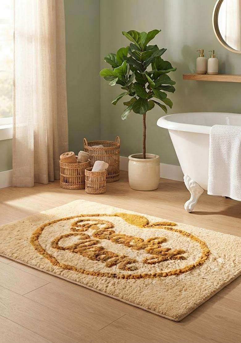 Saffron Rugs Hand Tufted Cotton Bath Mat | Cream Peach Rectangular | Anti Slip Backing | Casual Typography BATHMATS Bathroom Rug - Indya