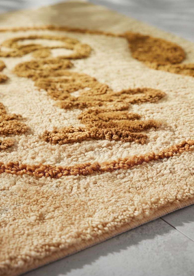 Saffron Rugs Hand Tufted Cotton Bath Mat | Cream Peach Rectangular | Anti Slip Backing | Casual Typography BATHMATS Bathroom Rug - Indya