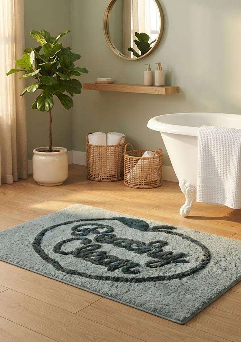 Saffron Rugs Hand Tufted Cotton Bath Mat | Light Grey Rectangular | Anti Slip Backing | Casual Typography BATHMATS Bathroom Rug - Indya