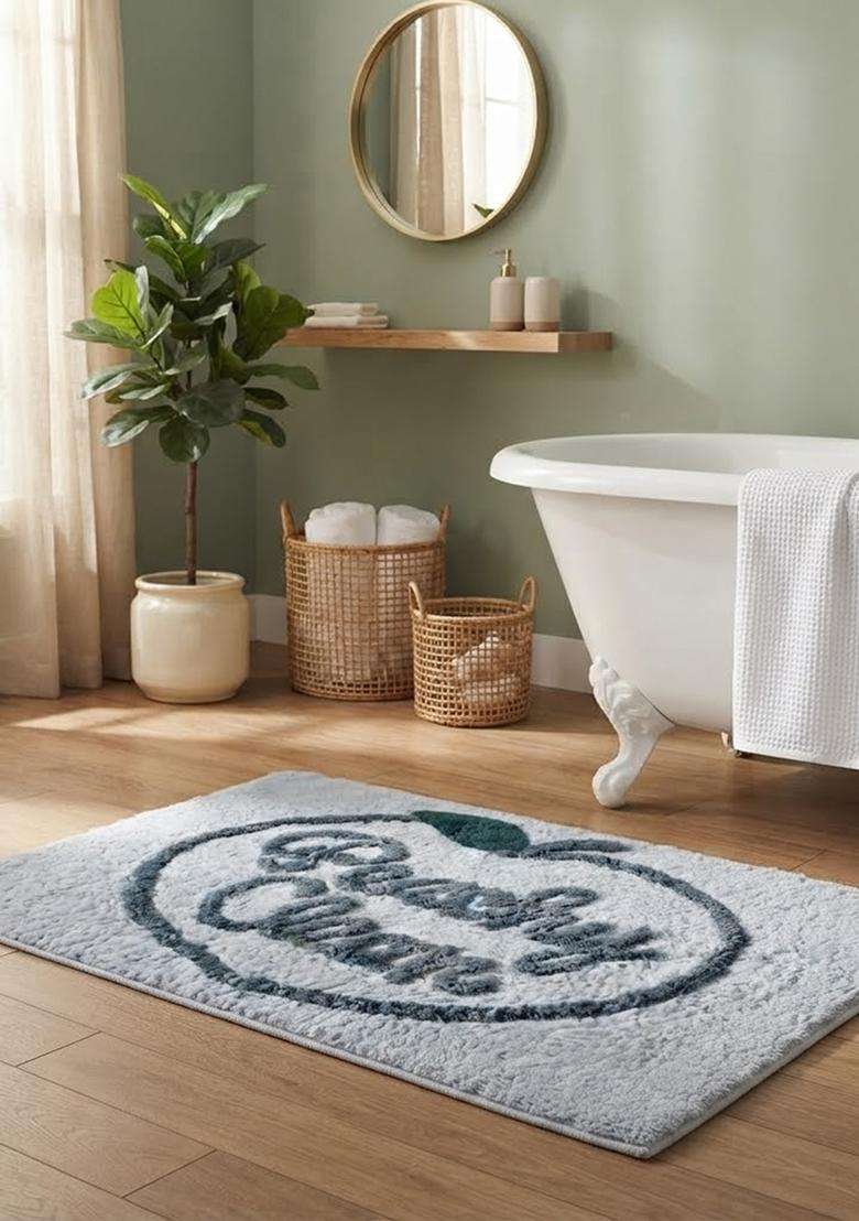 Saffron Rugs Hand Tufted Cotton Bath Mat | Light Blue Grey Rectangular | Anti Slip Backing | Casual Typography BATHMATS Bathroom Rug - Indya