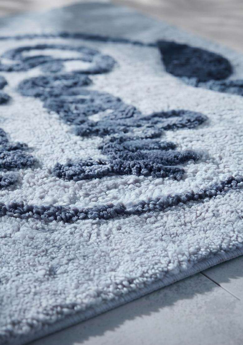 Saffron Rugs Hand Tufted Cotton Bath Mat | Light Blue Grey Rectangular | Anti Slip Backing | Casual Typography BATHMATS Bathroom Rug - Indya