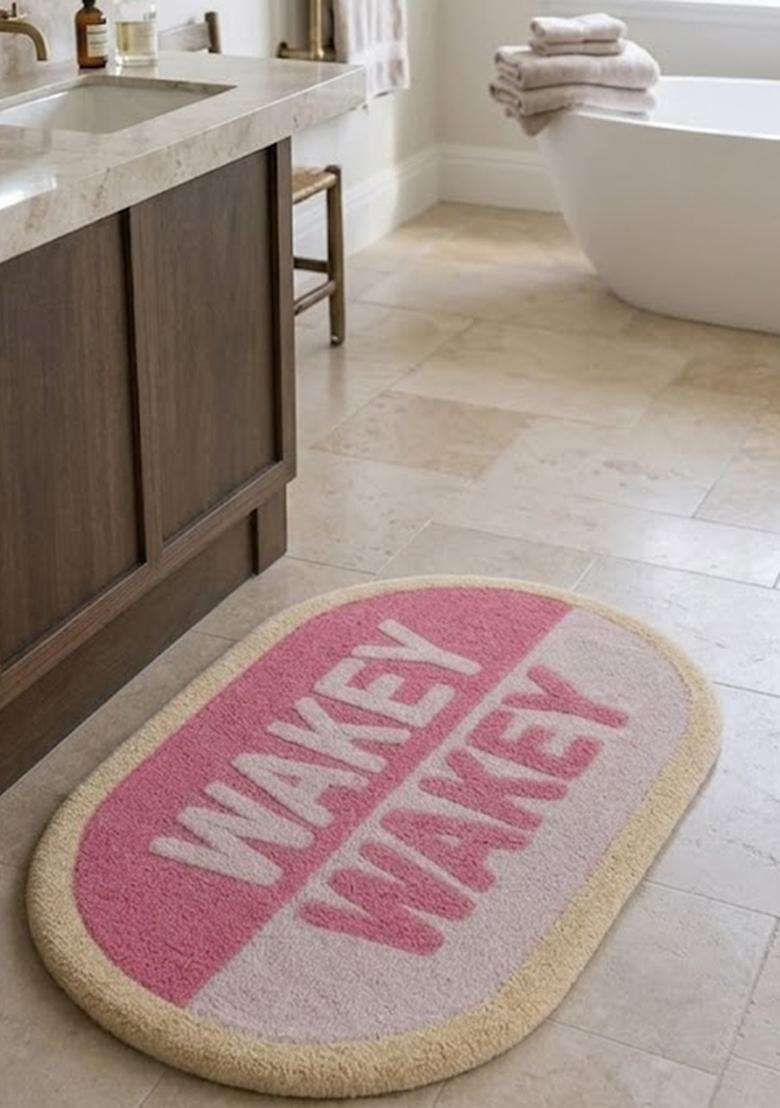 Saffron Rugs Hand Tufted Cotton Bath Mat | Pink Oval | Anti Slip Backing | Casual Typography BATHMATS Bathroom Rug - Indya