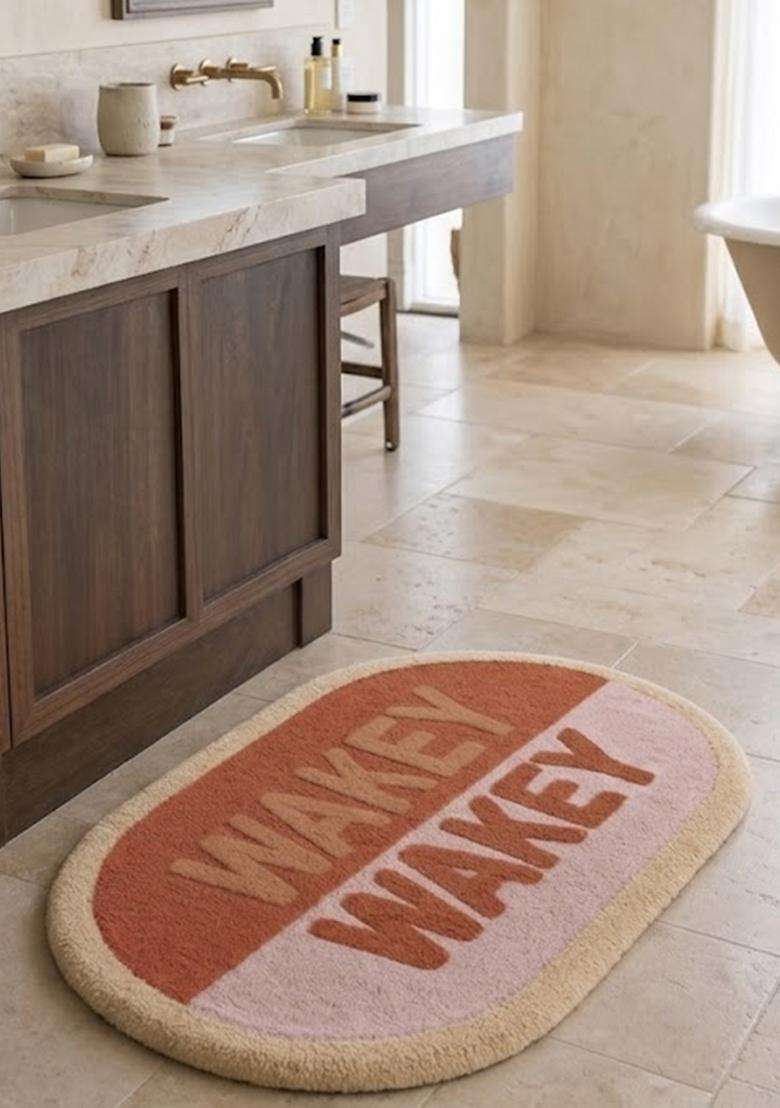 Saffron Rugs Hand Tufted Cotton Bath Mat | Terracotta Pink Oval | Anti Slip Backing | Casual Typography BATHMATS Bathroom Rug - Indya