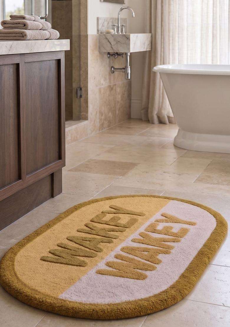 Saffron Rugs Hand Tufted Cotton Bath Mat | Mustard Yellow Oval | Anti Slip Backing | Casual Typography BATHMATS Bathroom Rug - Indya