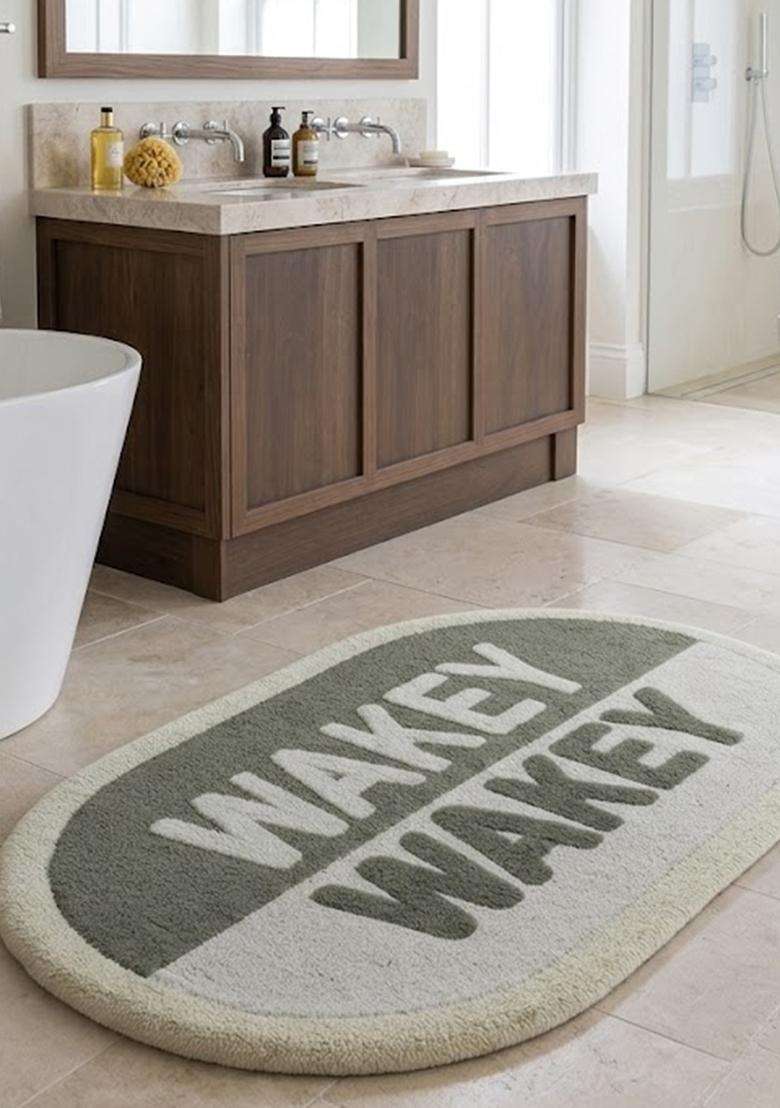 Saffron Rugs Hand Tufted Cotton Bath Mat | Olive Green Oval | Anti Slip Backing | Casual Typography BATHMATS Bathroom Rug - Indya