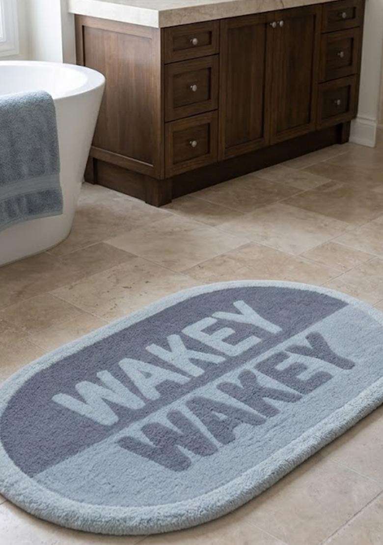 Saffron Rugs Hand Tufted Cotton Bath Mat | Blue Grey Oval | Anti Slip Backing | Casual Typography BATHMATS Bathroom Rug - Indya
