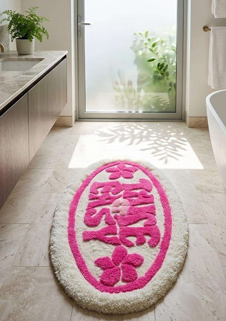 Saffron Rugs Hand Tufted Cotton Bath Mat | Hot Pink Oval | Anti Slip Backing | Casual Typography BATHMATS Bathroom Rug - Indya