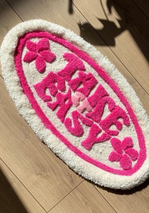 Saffron Rugs Hand Tufted Cotton Bath Mat | Hot Pink Oval | Anti Slip Backing | Casual Typography BATHMATS Bathroom Rug