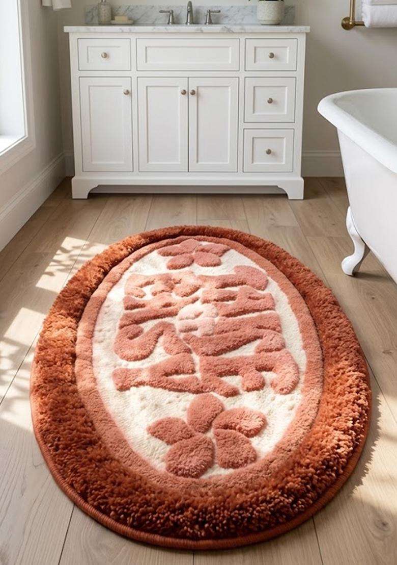 Saffron Rugs Hand Tufted Cotton Bath Mat | Rust Brown Oval | Anti Slip Backing | Casual Typography BATHMATS Bathroom Rug - Indya
