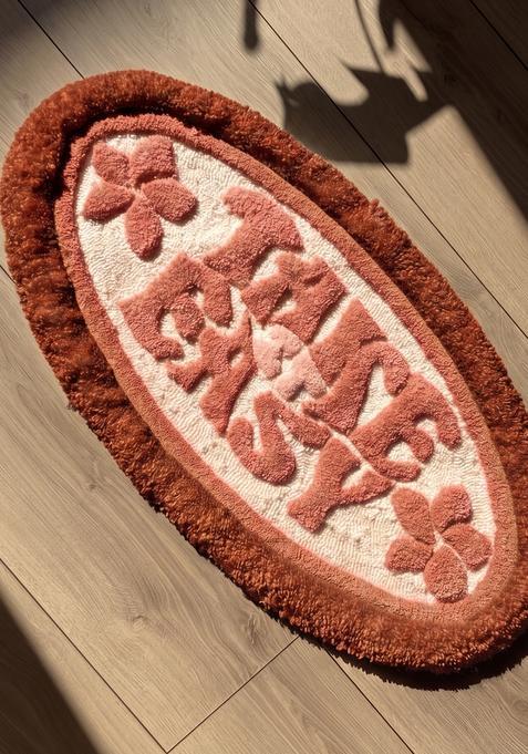 Saffron Rugs Hand Tufted Cotton Bath Mat | Rust Brown Oval | Anti Slip Backing | Casual Typography BATHMATS Bathroom Rug