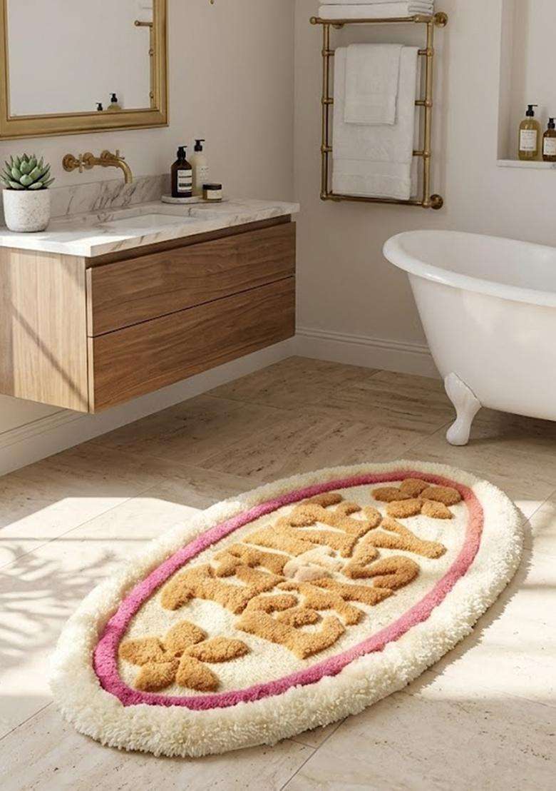 Saffron Rugs Hand Tufted Cotton Bath Mat | Cream Oval | Anti Slip Backing | Casual Typography BATHMATS Bathroom Rug - Indya