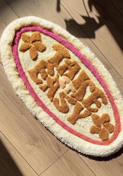Saffron Rugs Hand Tufted Cotton Bath Mat | Cream Oval | Anti Slip Backing | Casual Typography BATHMATS Bathroom Rug