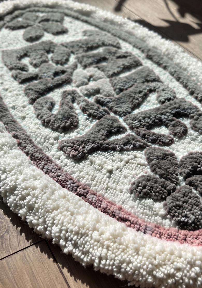 Saffron Rugs Hand Tufted Cotton Bath Mat | Grey and White Oval | Anti Slip Backing | Casual Typography BATHMATS Bathroom Rug - Indya