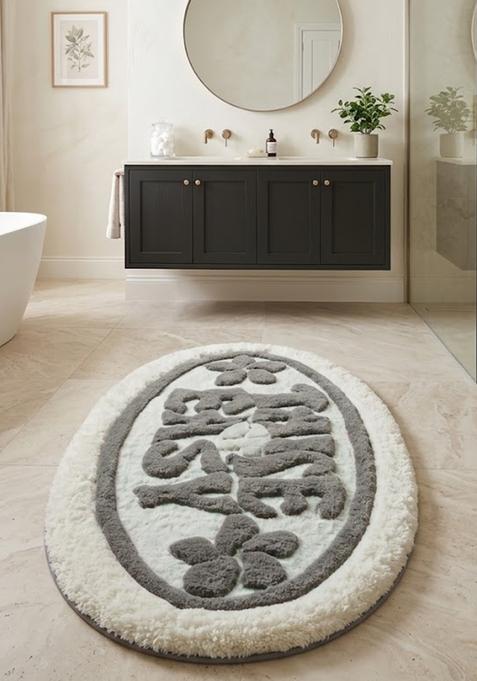 Saffron Rugs Hand Tufted Cotton Bath Mat | Grey and White Oval | Anti Slip Backing | Casual Typography BATHMATS Bathroom Rug