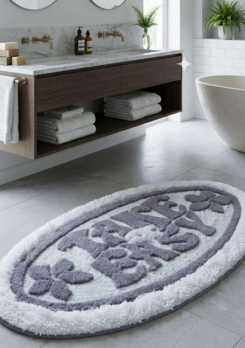 Saffron Rugs Hand Tufted Cotton Bath Mat | Grey White Oval | Anti Slip Backing | Casual Typography BATHMATS Bathroom Rug - Indya