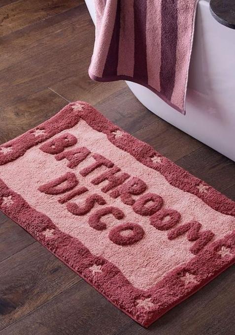 Saffron Rugs Hand Tufted Cotton Bath Mat | Dusty Rose Pink Rectangular | Anti Slip Backing | Retro Typography BATHMATS Bathroom Rug