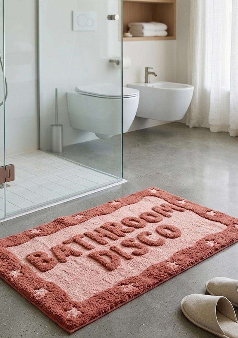 Saffron Rugs Hand Tufted Cotton Bath Mat | Terracotta Pink Rectangular | Anti Slip Backing | Retro Typography BATHMATS Bathroom Rug - Indya