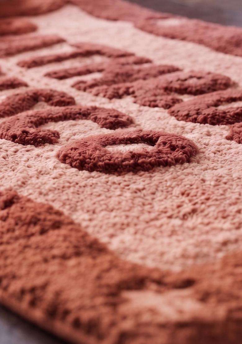Saffron Rugs Hand Tufted Cotton Bath Mat | Terracotta Pink Rectangular | Anti Slip Backing | Retro Typography BATHMATS Bathroom Rug - Indya
