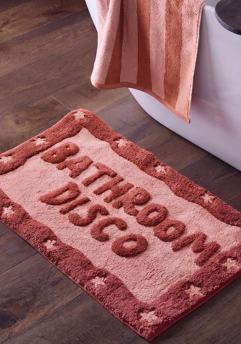 Saffron Rugs Hand Tufted Cotton Bath Mat | Terracotta Pink Rectangular | Anti Slip Backing | Retro Typography BATHMATS Bathroom Rug