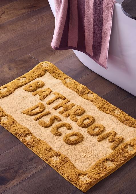 Saffron Rugs Hand Tufted Cotton Bath Mat | Mustard Yellow Rectangular | Anti Slip Backing | Retro Typography BATHMATS Bathroom Rug
